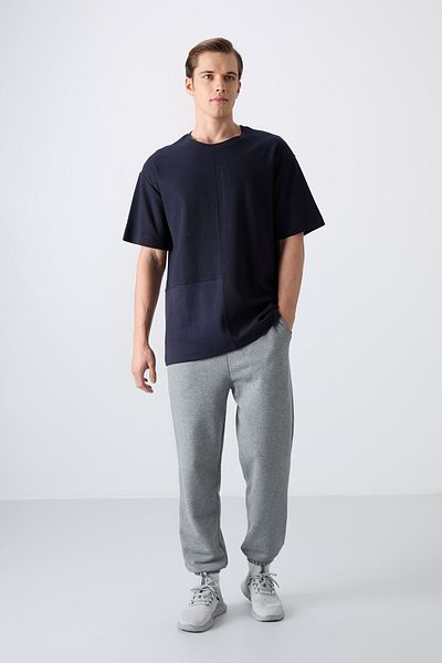 TOMMY LIFE Ανδρικό μπλουζάκι Navy Blue Cotton Thick Surface Texture Oversize Fit Basic - 88337