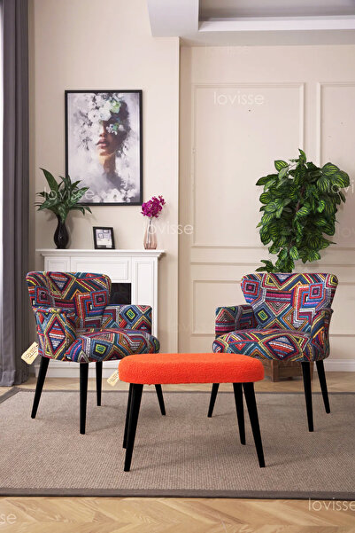 LOVİSSE HOME 3lü Berjer Set Tekli Koltuk, Siyah Ayak + Bench  Balkon, Ofis, Bekleme, Güzellik Merkezi, Çay Seti