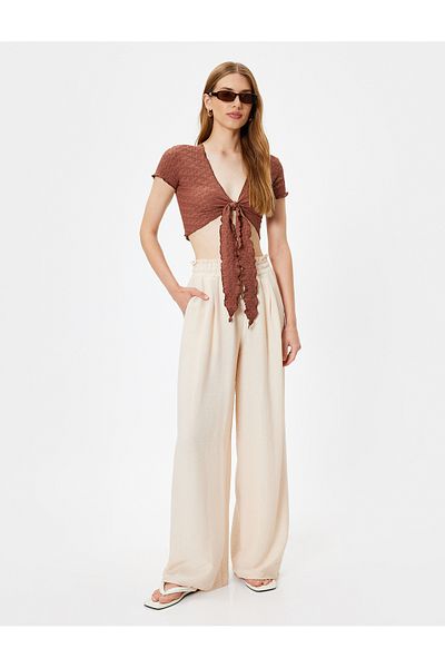 Koton Viscose Trousers with Pockets - Wide Leg, Elastic Waist and Pleat Detail