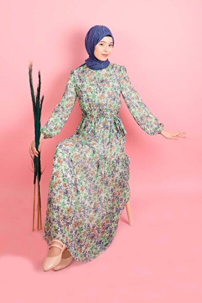 03KIZKULESITEKS New Collection Lined Chiffon Wildflower Model Blue