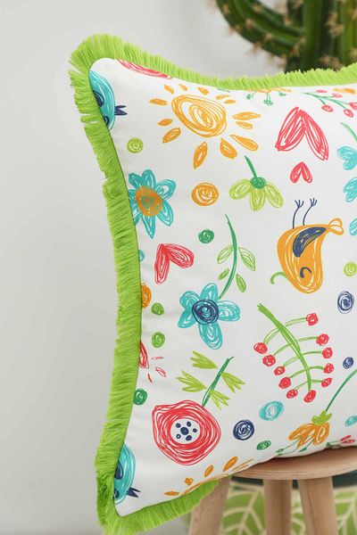 Aisha's Design Yellow Blue Bird Patterned Children's Throw Pillow Cover with Fringed Edges 45X45 Cm,K-407