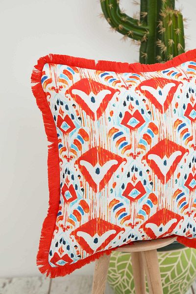 Aisha's Design Fringed Blue Orange Damask Patterned Throw Pillow Cover - 45X45 Cm,K-407