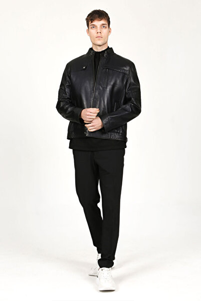 Dericlub Arthur Erkek Dik Yaka Slim Fit Gerçek Deri Mont Siyah