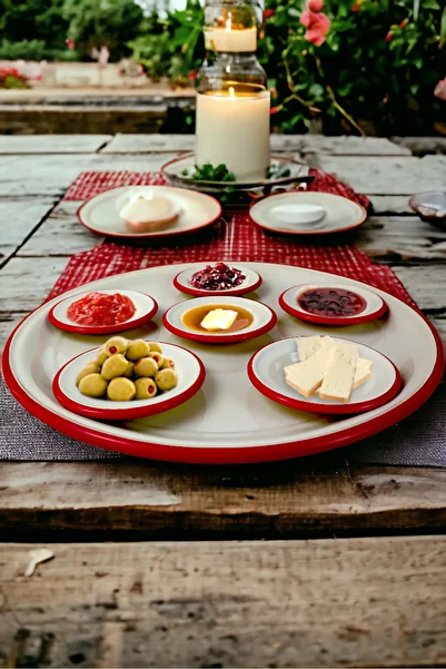 İnci Emaye 7 Piece Large Size Enamel Breakfast Set - Presentation, Breakfast Plate, Jam, Olive, Cheese Plate