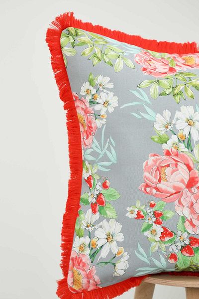 Aisha's Design غطاء وسادة رمادي مزخرف بنقشة الفاوانيا - 45x45 سم، k-407