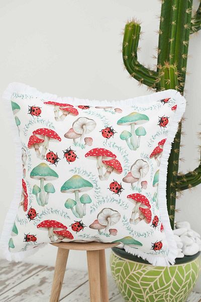 Aisha's Design Mushroom Patterned Throw Pillow Cover with Fringed Edges 45X45 Cm,K-407