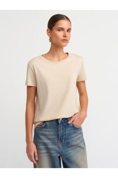 Dilvin 3471 تي شيرت أساسي برقبة دائرية مصنوع من القطن بنسبة 100% - لون بيج فاتح