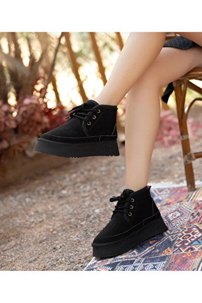 Feyz istanbul Siyah Süet Kürklü Bağcıklı Kalın Taban Kadın Bot UGA