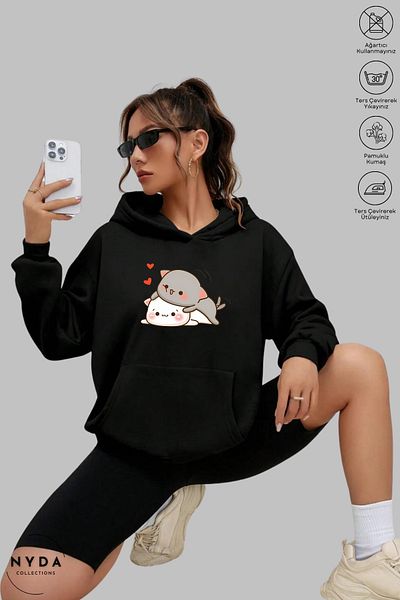 Nyda Collections Hanorac cu mânecă lungă imprimat cu glugă unisex - bumbac supradimensionat