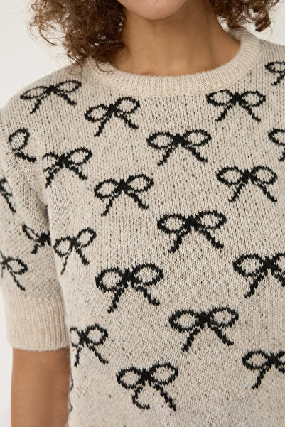 Hiccup Bow Patterned Short Sleeve Knitwear Sweater