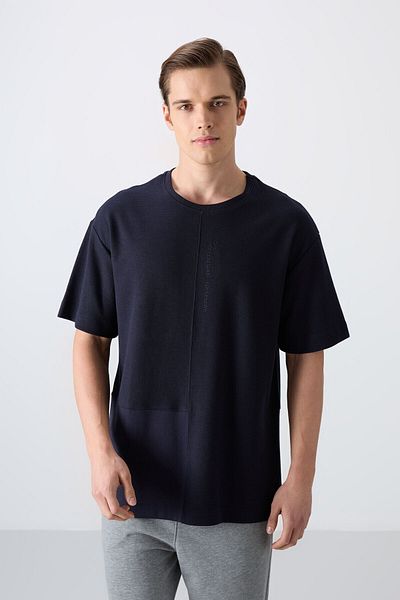 TOMMY LIFE Ανδρικό μπλουζάκι Navy Blue Cotton Thick Surface Texture Oversize Fit Basic - 88337