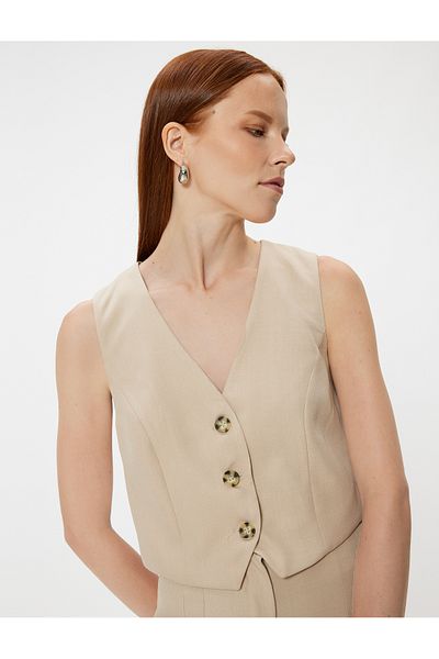 Koton V-Neck Lined Slim Fit Vest - Buttoned