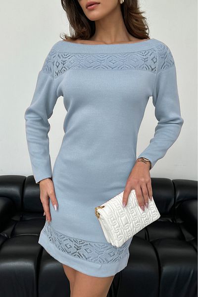 AQE FASHION Γυναικείο πλεκτό φόρεμα με λαιμόκοψη με δαντέλα με λεπτομέρεια Baby Blue