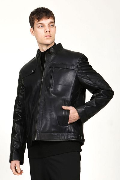 Dericlub Arthur Ανδρικό Stand Collar Slim Fit Παλτό από γνήσιο δέρμα μαύρο