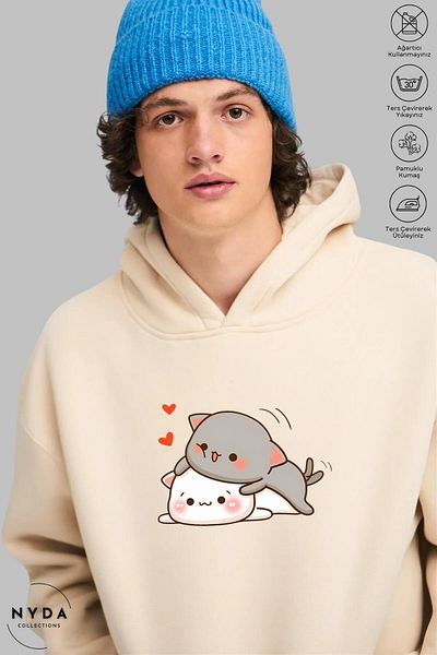 Nyda Collections Μακρυμάνικο φούτερ Unisex με κουκούλα αγκαλιά με στάμπα - Oversize βαμβακερό