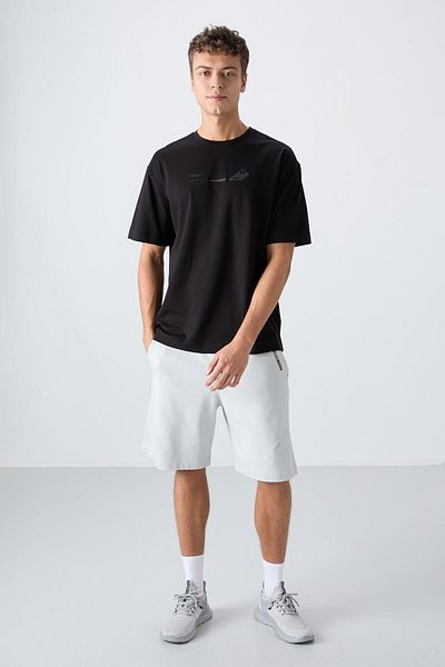 TOMMY LIFE Μαύρο βαμβακερό ανδρικό μπλουζάκι με χοντρή μαλακή υφή Oversize Fit Printed - 88330