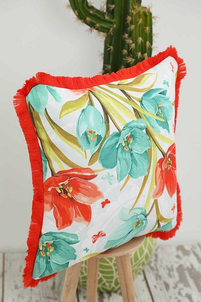 Aisha's Design غطاء وسادة منقوش بحواف مهدبة - 45x45 سم، K-407
