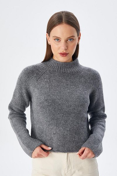 Mixray 6854 Anthracite Crop Knitwear Women's Sweater - Stand Collar