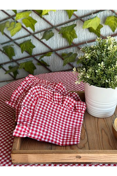 Decamor home 6 Thin Linen Fabric Red Mini Gingham Frilly Napkins