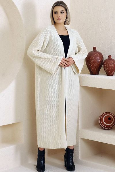 LOS FECHKA V-Neck Folded Wide Long Sleeve Self-Textured Thick Full Ankle Length Winter Comfortable Knitwear Cardigan