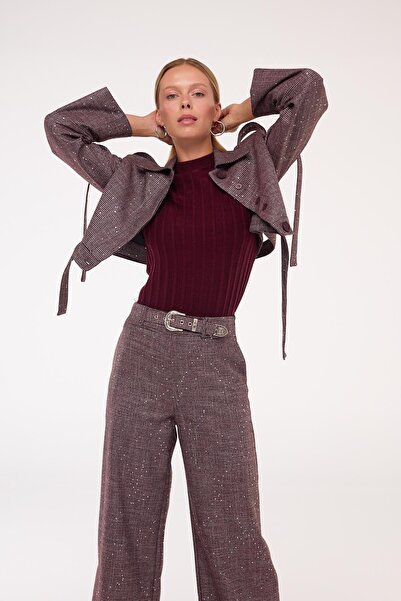 NOK İSTANBUL City Chic Payet Detaylı Kemerli Kumaş Pantolon KIRMIZI-GÜMÜŞ