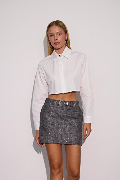 NOK İSTANBUL City Chic Payet Detaylı Kemerli Mini Etek SİYAH-GÜMÜŞ