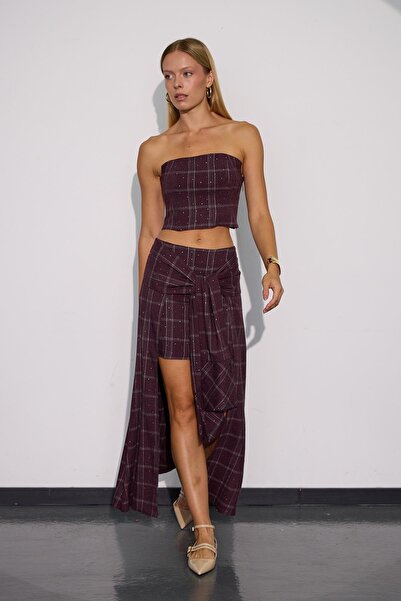 NOK İSTANBUL Crystal Plaid Gömlek Görünümlü Ekoseli Etek Bordo