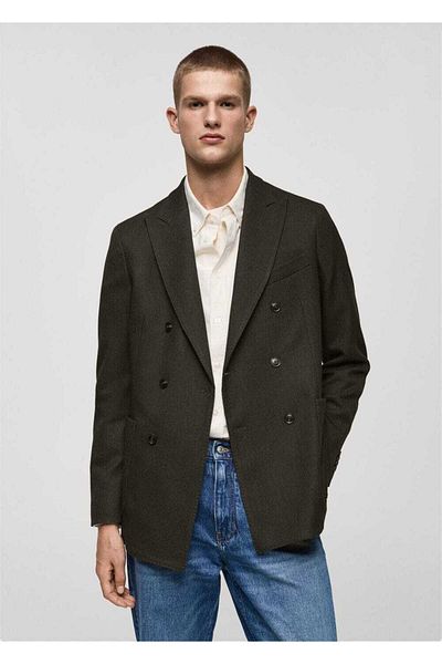 MANGO Man Παλτό blazer με λεπτή εφαρμογή με στάμπα ψαροκόκαλο με διπλό στήθος