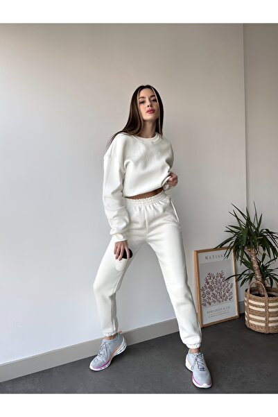 LUCKYPORT WOMEN'S THREE THREAD WAIST ELASTIC CROP ZERO COLLAR TRACKSUIT SET