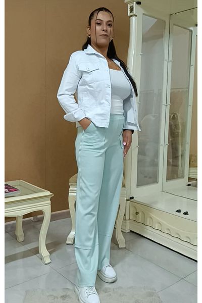 AKŞEN GİYİM Plus Size High Waist Full Licra Cupra Fabric Patch with Pockets and Parts Trend Palazzo Pant