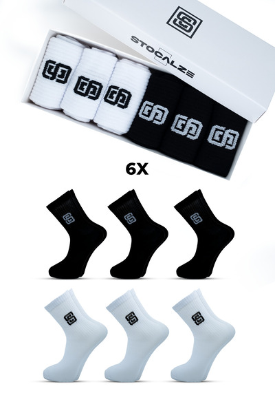 STOCALZE Unisex Siyah Ve Beyaz Tenis Çorabı. 6'lı Kutulu Logolu Kolej Çorap.