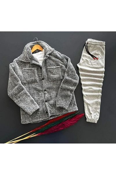 MODARİCH Men's Gray Plush Jacket and Sweatpants Set - Winter Shirt Collar with Pockets