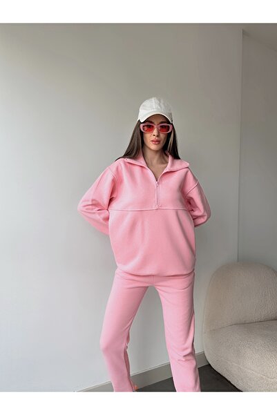 CC STORE KADIN ÜÇ İPLİK YARIM FERMUAR EŞOFMAN TAKIMI MODERN KALIP