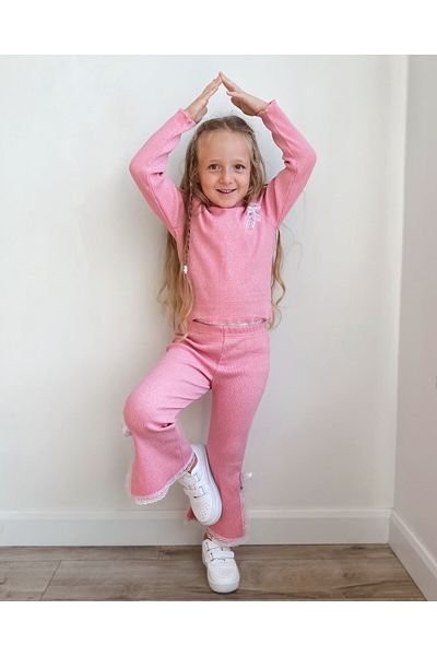 TINY BEAR Girl's Funny Lace Embroidery Detailed Top and Bottom Set