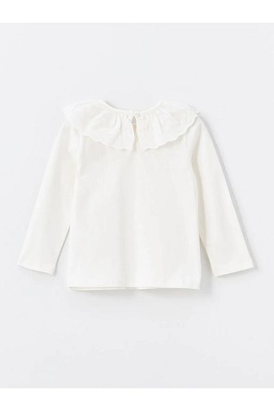 LC Waikiki Lcw Kids Cream Color Crew Neck Long Sleeve Embroidered Girl's T-Shirt