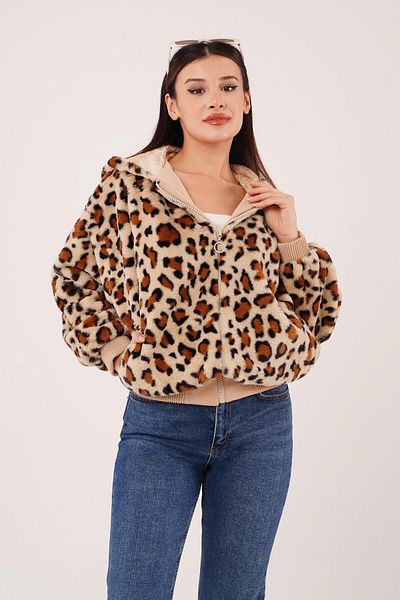 Hipo Trend Leopard Pattern Hooded Plush Coat