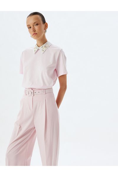 Koton Cotton Short Sleeve Stone Detailed Shirt Collar T-Shirt