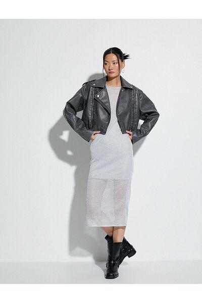 Koton Faux Leather Zippered Oversize Jacket - Pale Effect