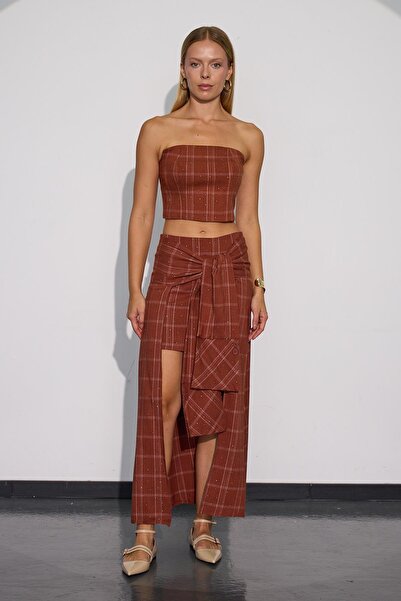 NOK İSTANBUL Crystal Plaid Gömlek Görünümlü Ekoseli Etek Camel