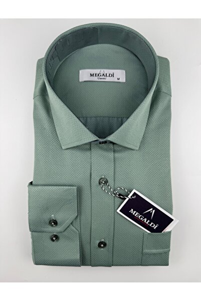 MEGALDİ Erkek Mint Yeşil Klasik Kesim Uzun Kollu Balık Sırtı Gömlek