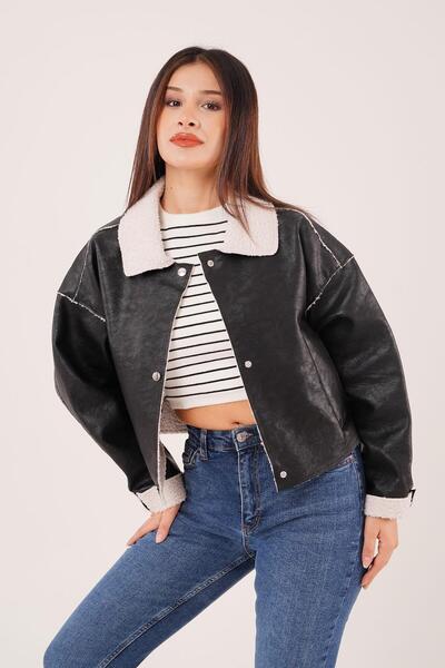 Hipo Trend Suni Kürklü Suni Deri Siyah Ceket