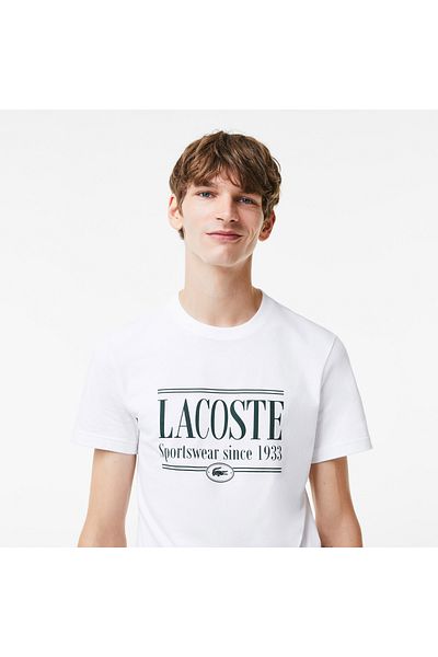 Lacoste تي شيرت رجالي أبيض مطبوع بقصة عادية - رقبة دائرية