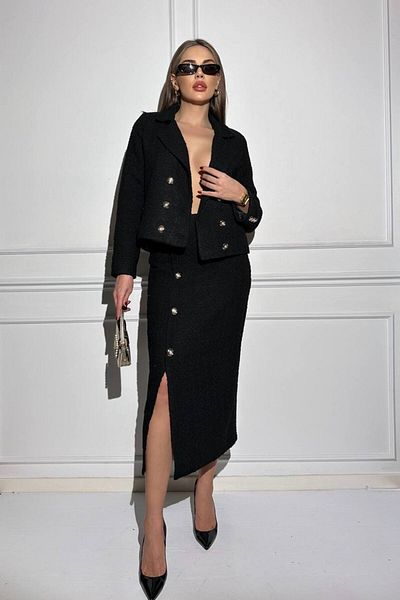 1Moda1Tarz Women's Black Imported Tweed Fabric Button Detailed Lined Slit Special Design Jacket Skirt Set
