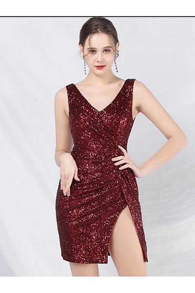 MODAS V-Neck Slit Mini Dress