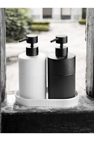 Mucha 2li Lüks Stoneware Siyah Beyaz İskandinav Taş Mutfak Sıvı Sabunluk Stan...