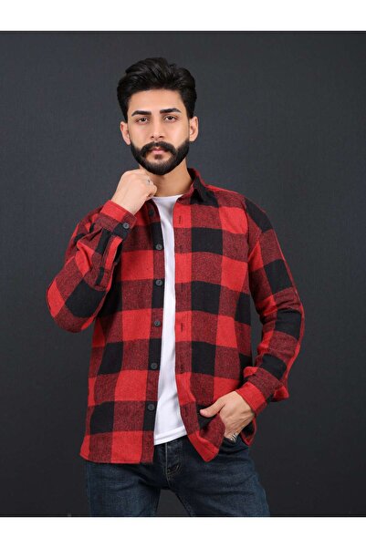 Zoe Line Slim Fit Kırmızı Siyah Dügmeli Oduncu Gömlek