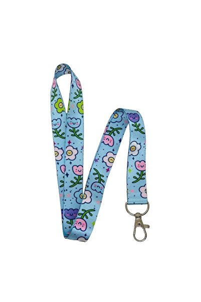Sağlıkçı Shopping El Çizimi Mavi Çiçek Papatya Temalı Boyun İpi Kart Askısı