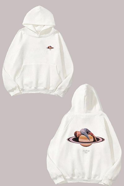 THEWERT Hanorac alb unisex Relive Saturn Design față spate imprimat normal