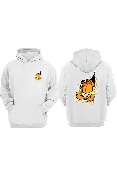 THEWERT Unisex Tear-Off Garfield Design Front and Back Printed Regular Fit White Sweatshirt