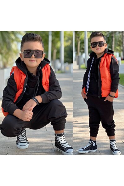 Bisahane Boy's Black Tracksuit Set with Orange Vest Full 3 Pieces
